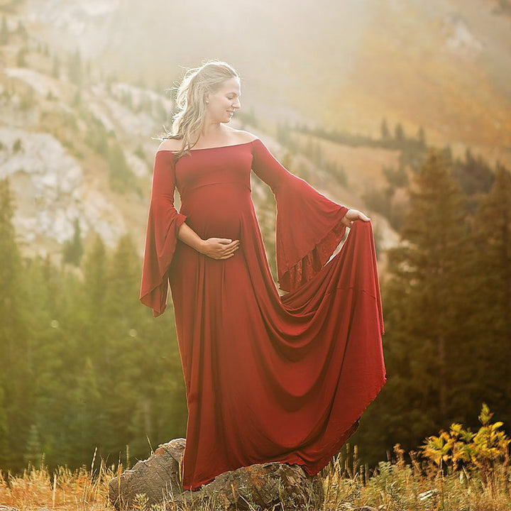Women's Maternity Maxi Dress with Off-Shoulder Design and Flowing Sleeves Lisslune