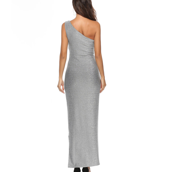 Women's Elegant Maxi Dress with Asymmetrical Cut and Shimmering Fabric Lisslune