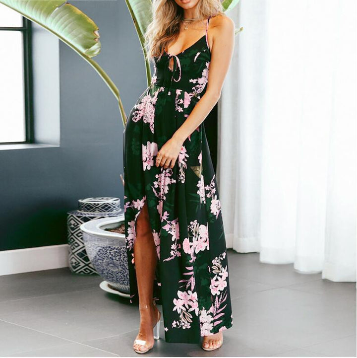 Women's maxi dress with floral design and sexy slit