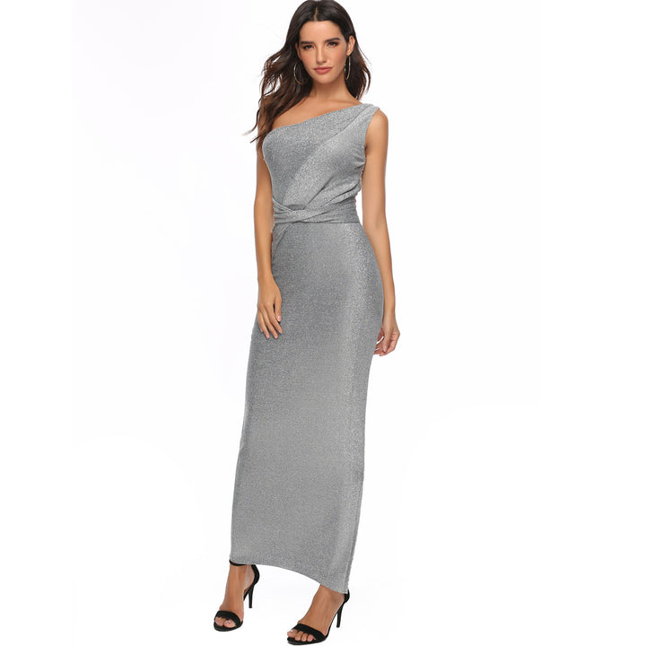 Women's Elegant Maxi Dress with Asymmetrical Cut and Shimmering Fabric Lisslune