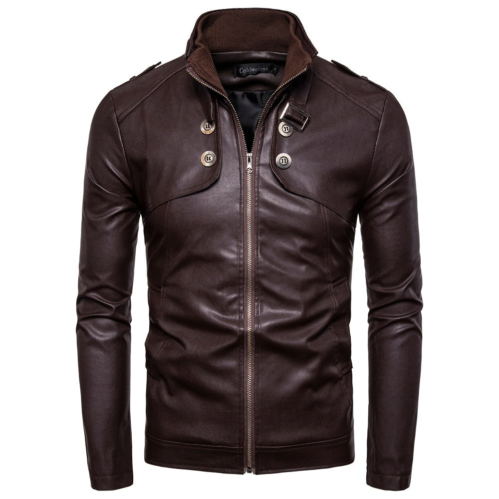 Men's fashionable synthetic leather jacket with asymmetric zipper and quilted seams Lisslune