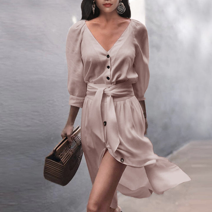 Women's fashionable button dress with belt Lisslune