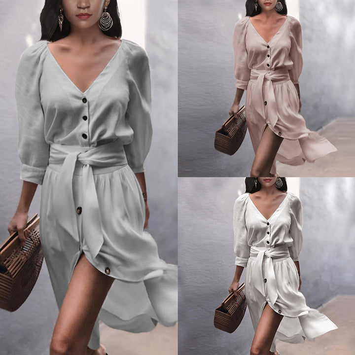 Women's fashionable button dress with belt Lisslune