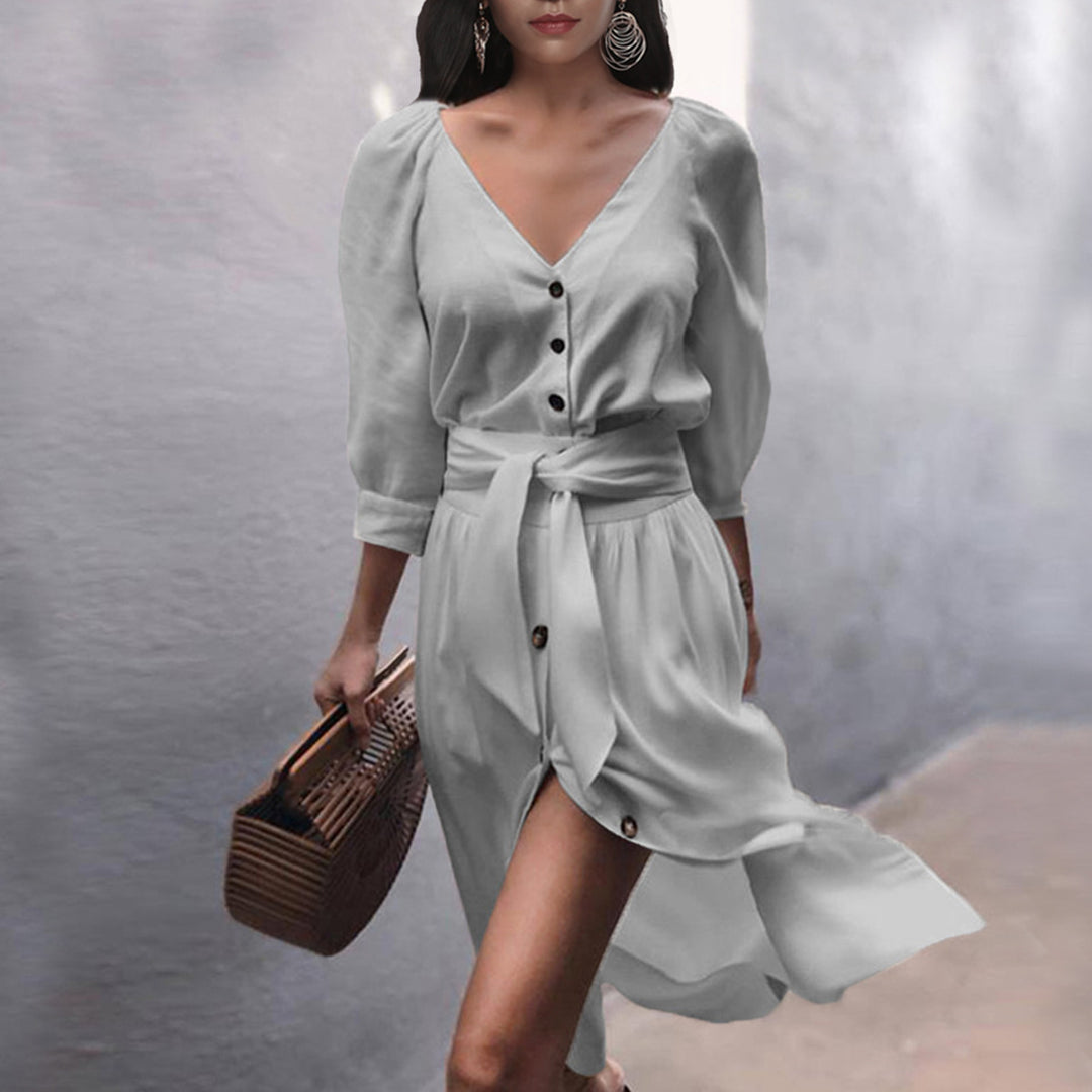Women's fashionable button dress with belt Lisslune
