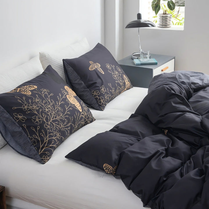 Lisslune | Valora Midnight Butterfly Duvet Cover | 3pcs Set