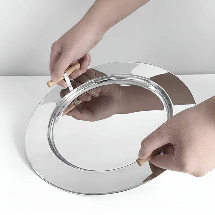 Lisslune | Elegant Stainless Steel Round Tray with Wooden Handles