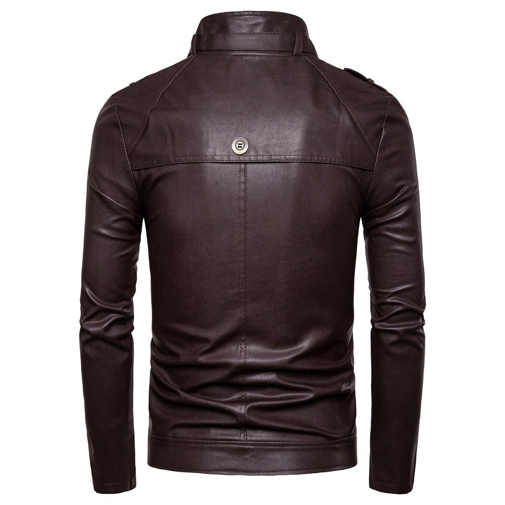 Men's fashionable synthetic leather jacket with asymmetric zipper and quilted seams Lisslune