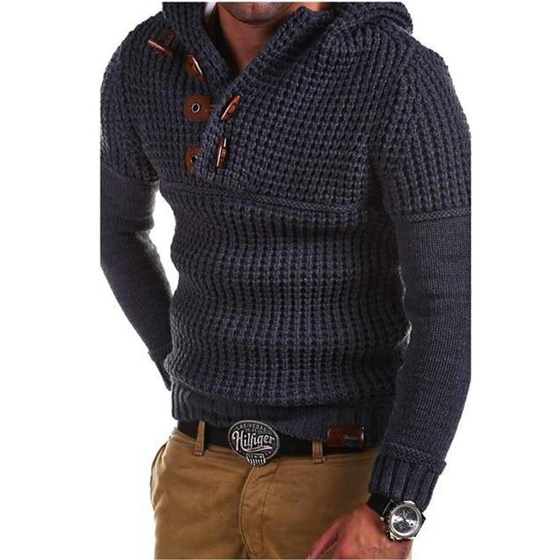 Men's knitted hoodie with modern wooden buttons Lisslune