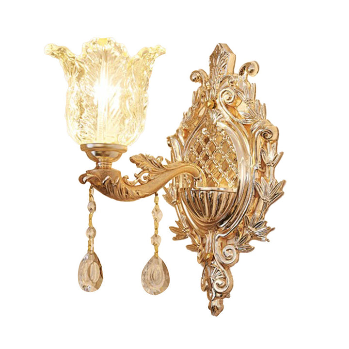 Skørter | Single Ruffle Glass Wall Lamp Traditional Gold Floral Shade Bedroom Wall Mounted Lamp