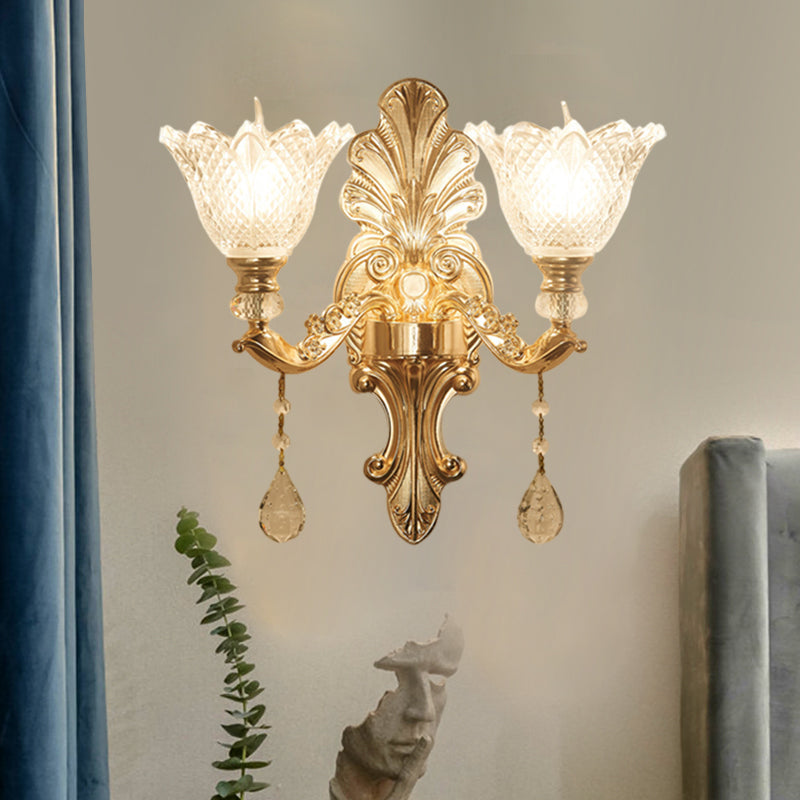 Skørter | Flower-clear Grid Glass Wall Lamp Mid-Century 1/2-Light Hall Wall Light Lighting in Gold