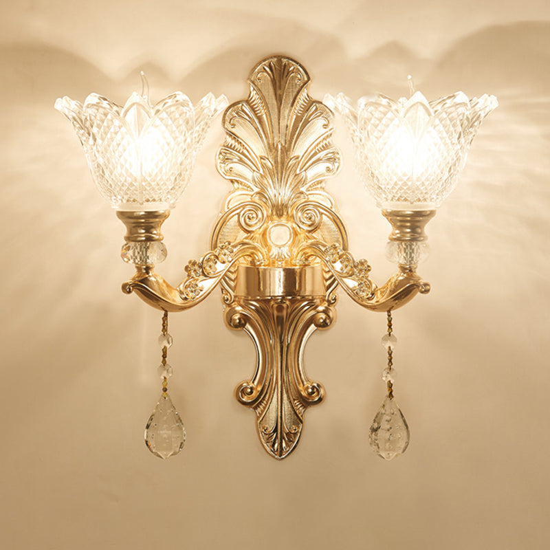 Skørter | Flower-clear Grid Glass Wall Lamp Mid-Century 1/2-Light Hall Wall Light Lighting in Gold