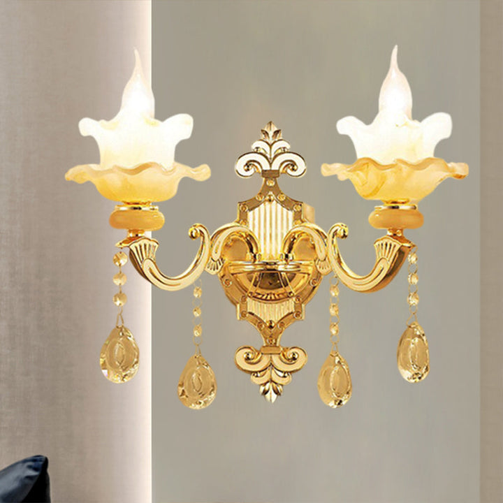 Skørter | 2 Bulbs Wall Mount Lighting Mid-Century Candle Style Crystal Glass Wall Lamp in Gold