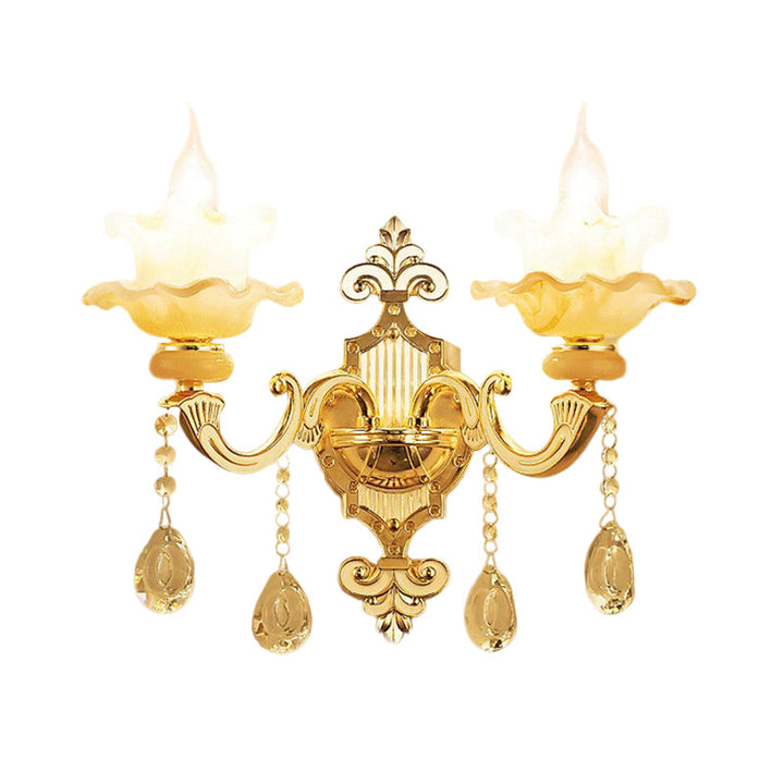 Skørter | 2 Bulbs Wall Mount Lighting Mid-Century Candle Style Crystal Glass Wall Lamp in Gold