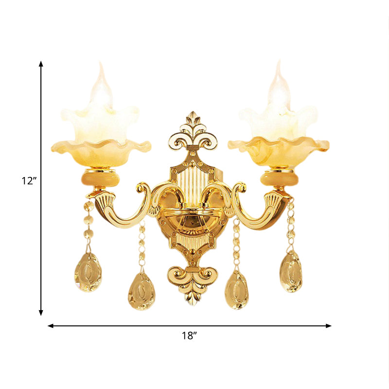 Skørter | 2 Bulbs Wall Mount Lighting Mid-Century Candle Style Crystal Glass Wall Lamp in Gold