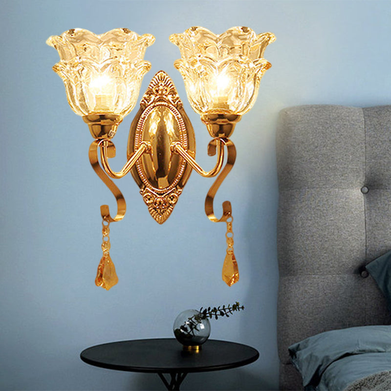 Skørter | Golden 2 Lights Wall Lamp Fixture Traditional Clear Crystal Glass Flower Lampshade Wall Lighting