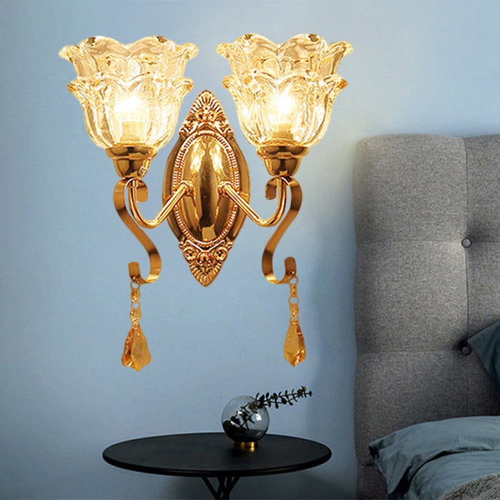 Skørter | Golden 2 Lights Wall Lamp Fixture Traditional Clear Crystal Glass Flower Lampshade Wall Lighting