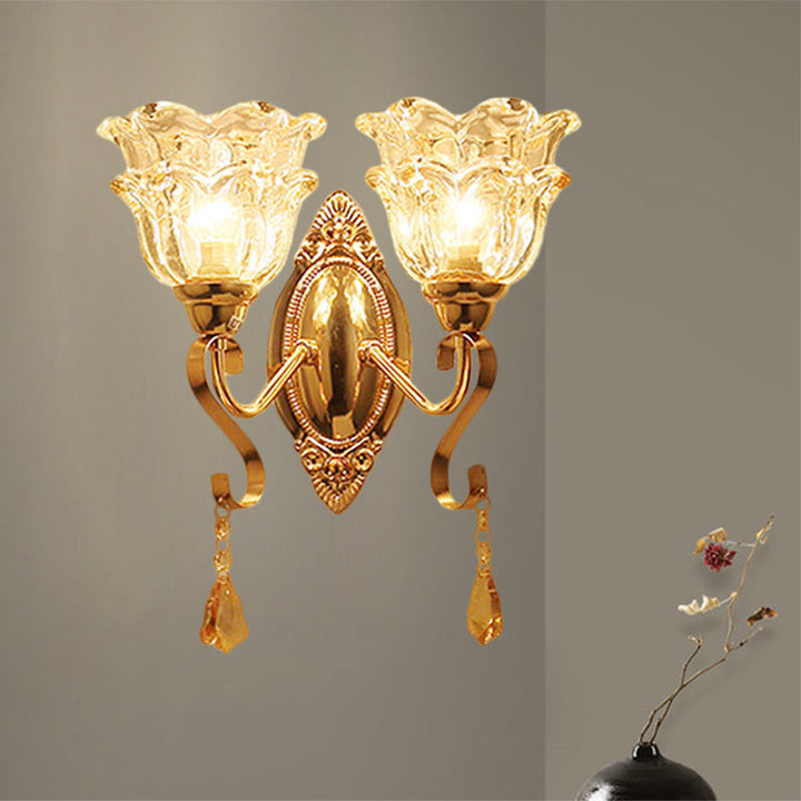 Skørter | Golden 2 Lights Wall Lamp Fixture Traditional Clear Crystal Glass Flower Lampshade Wall Lighting