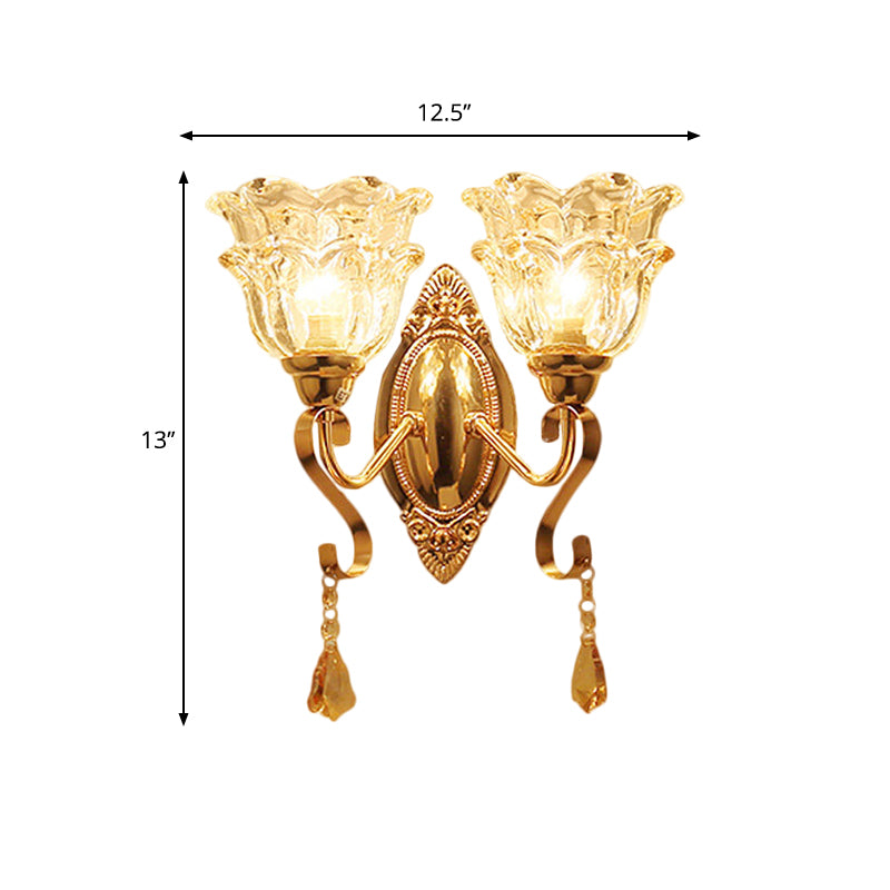 Skørter | Golden 2 Lights Wall Lamp Fixture Traditional Clear Crystal Glass Flower Lampshade Wall Lighting
