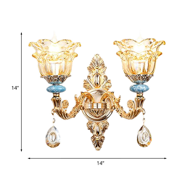 Skørter | 2-layer flower crystal wall lamp kit traditional 1/2 lamp bedside wall mounting lighting in gold