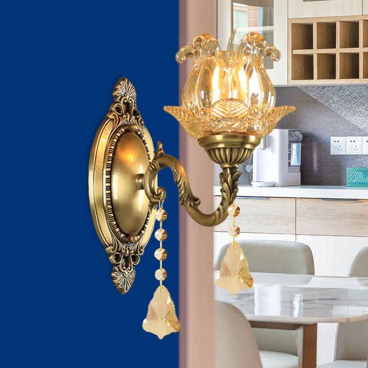 Skørter | Traditional Semi-Closed Flower Sconces 1/2-Light Clear Glass Wall Mount Lighting in Brass