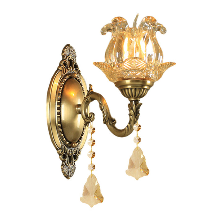 Skørter | Traditional Semi-Closed Flower Sconces 1/2-Light Clear Glass Wall Mount Lighting in Brass