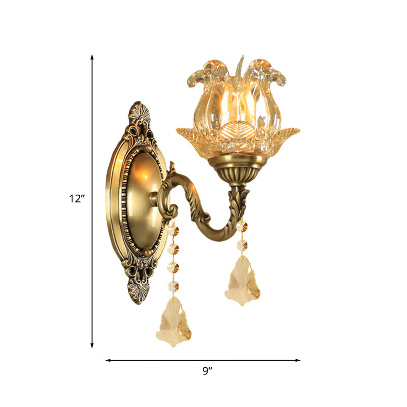 Skørter | Traditional Semi-Closed Flower Sconces 1/2-Light Clear Glass Wall Mount Lighting in Brass
