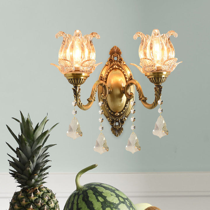 Skørter | Traditional Semi-Closed Flower Sconces 1/2-Light Clear Glass Wall Mount Lighting in Brass