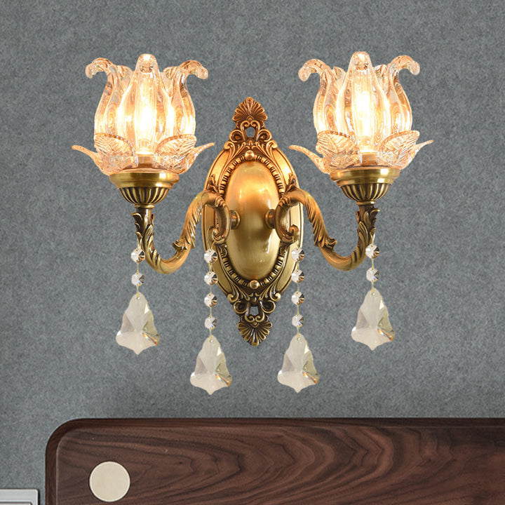 Skørter | Traditional Semi-Closed Flower Sconces 1/2-Light Clear Glass Wall Mount Lighting in Brass