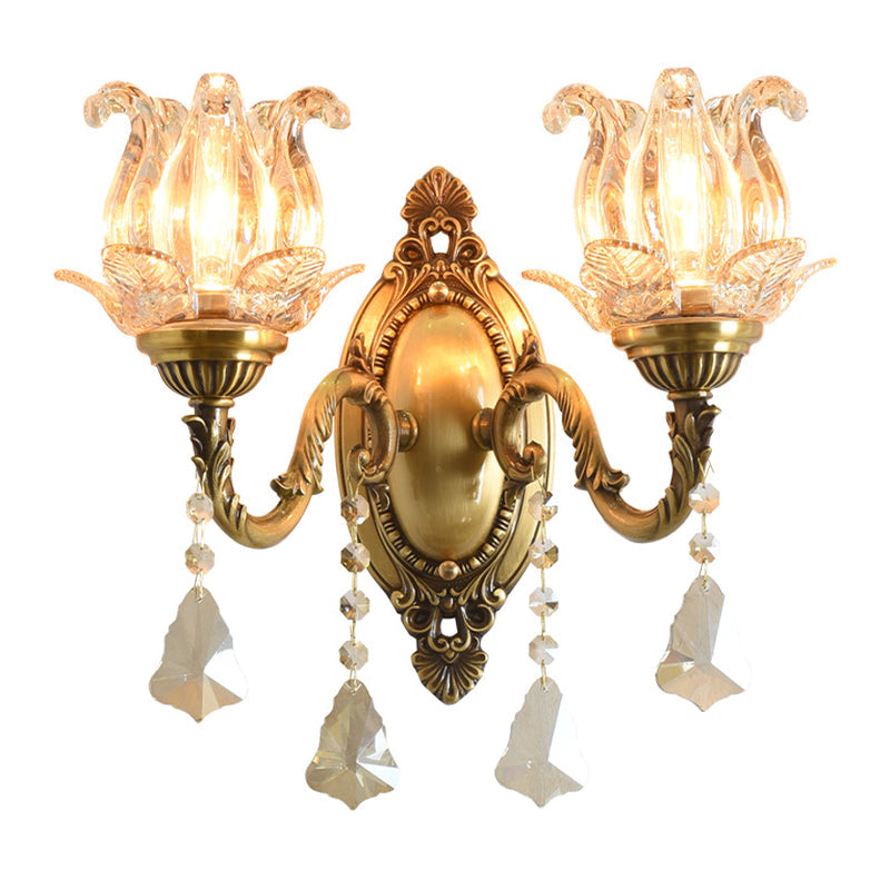 Skørter | Traditional Semi-Closed Flower Sconces 1/2-Light Clear Glass Wall Mount Lighting in Brass