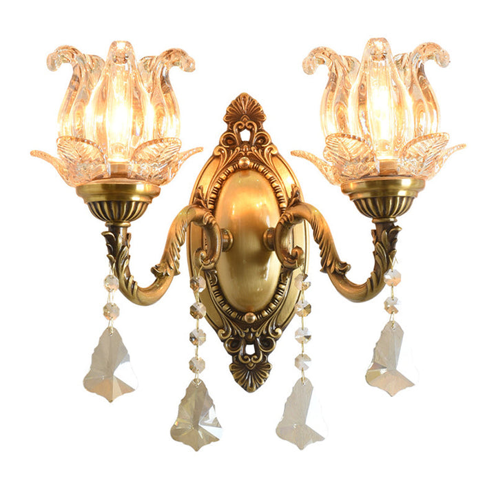 Skørter | Traditional Semi-Closed Flower Sconces 1/2-Light Clear Glass Wall Mount Lighting in Brass
