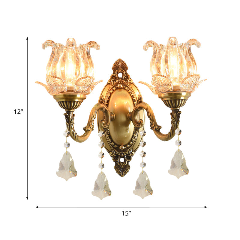 Skørter | Traditional Semi-Closed Flower Sconces 1/2-Light Clear Glass Wall Mount Lighting in Brass