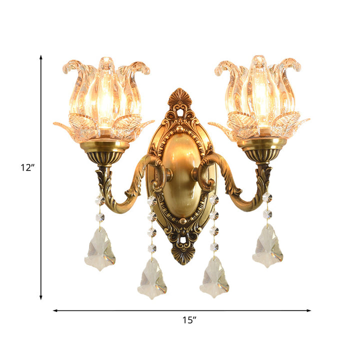Skørter | Traditional Semi-Closed Flower Sconces 1/2-Light Clear Glass Wall Mount Lighting in Brass
