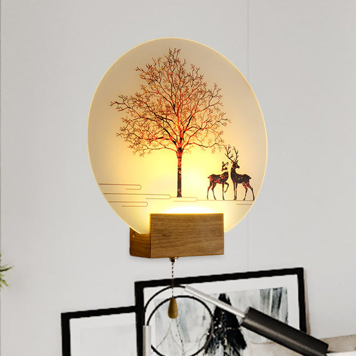 Lisslune | Nordic Deer Under Tree Wall Lamp Acrylic Workshop LED Wall Light in Wood with Pull Chain