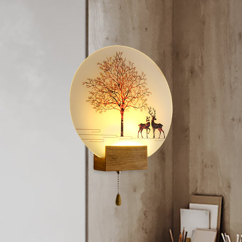 Lisslune | Nordic Deer Under Tree Wall Lamp Acrylic Workshop LED Wall Light in Wood with Pull Chain