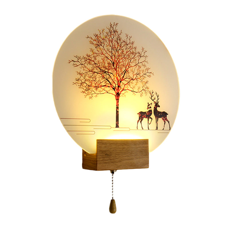 Lisslune | Nordic Deer Under Tree Wall Lamp Acrylic Workshop LED Wall Light in Wood with Pull Chain