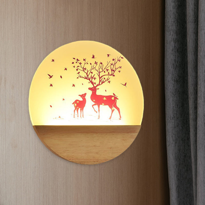 Lisslune | LED Bedroom Wall Mounted Wall Lamp Nordic Wood Wall Light with Deer/Bird Pattern Round Acrylic Shade