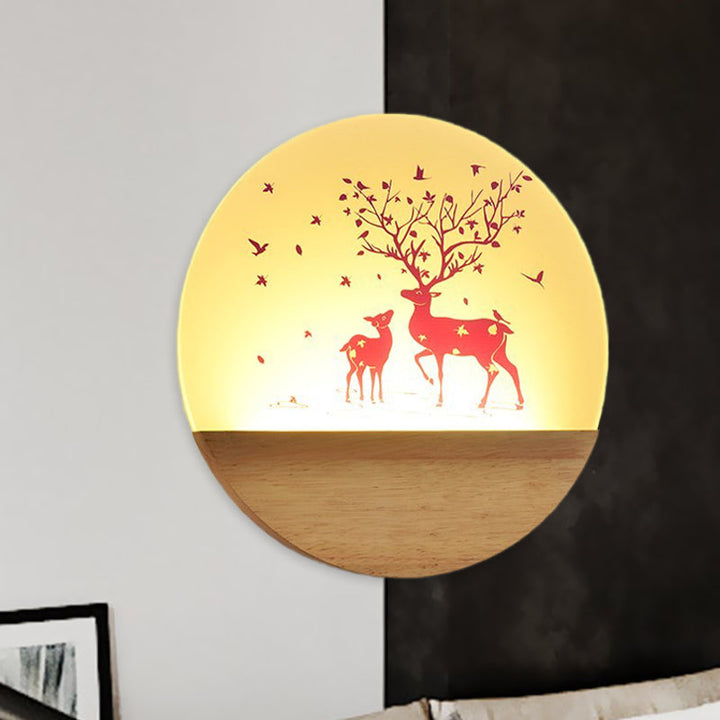 Lisslune | LED Bedroom Wall Mounted Wall Lamp Nordic Wood Wall Light with Deer/Bird Pattern Round Acrylic Shade