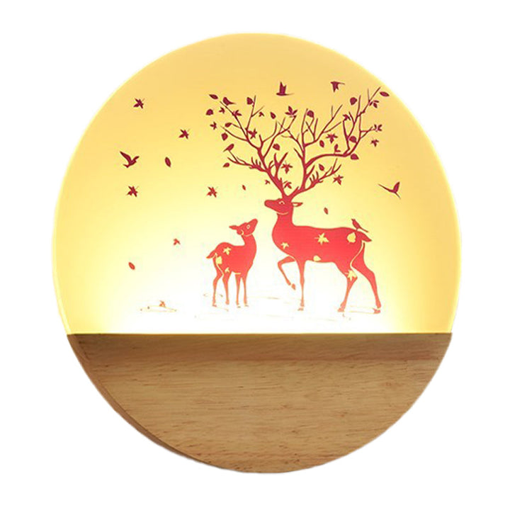 Lisslune | LED Bedroom Wall Mounted Wall Lamp Nordic Wood Wall Light with Deer/Bird Pattern Round Acrylic Shade