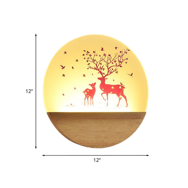 Lisslune | LED Bedroom Wall Mounted Wall Lamp Nordic Wood Wall Light with Deer/Bird Pattern Round Acrylic Shade