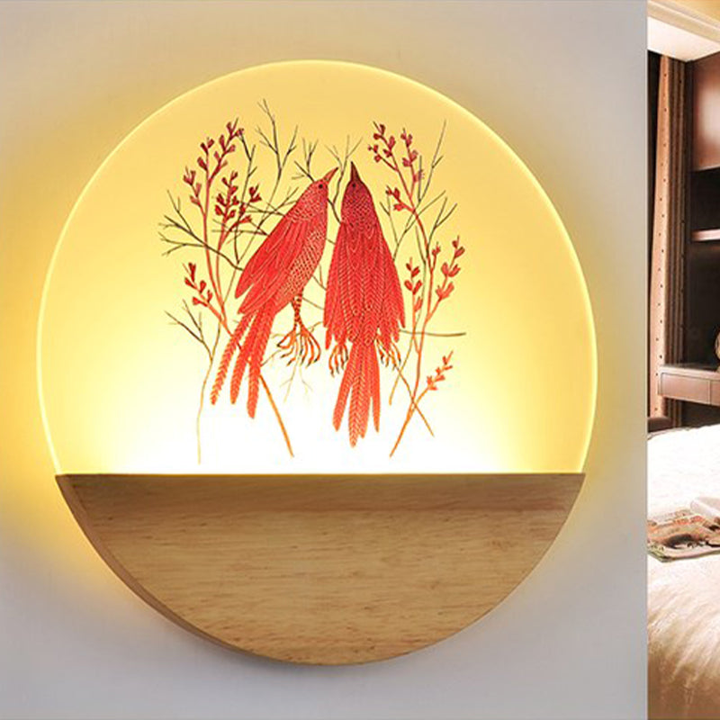 Lisslune | LED Bedroom Wall Mounted Wall Lamp Nordic Wood Wall Light with Deer/Bird Pattern Round Acrylic Shade