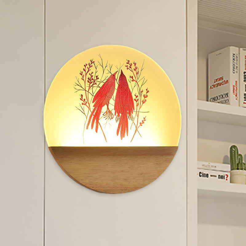 Lisslune | LED Bedroom Wall Mounted Wall Lamp Nordic Wood Wall Light with Deer/Bird Pattern Round Acrylic Shade