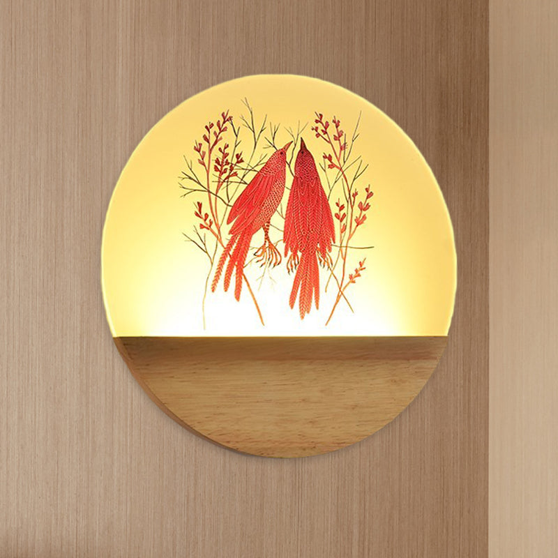 Lisslune | LED Bedroom Wall Mounted Wall Lamp Nordic Wood Wall Light with Deer/Bird Pattern Round Acrylic Shade