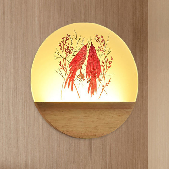 Lisslune | LED Bedroom Wall Mounted Wall Lamp Nordic Wood Wall Light with Deer/Bird Pattern Round Acrylic Shade