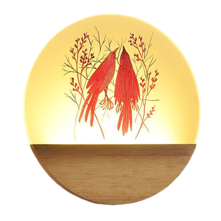 Lisslune | LED Bedroom Wall Mounted Wall Lamp Nordic Wood Wall Light with Deer/Bird Pattern Round Acrylic Shade