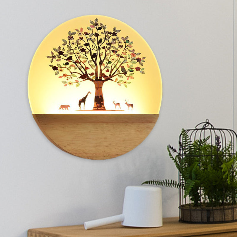 Lisslune | Nordic LED Wall Light Wood Tree and Animal/Blossoming Tree Print Wall Mosaic Light Fixture with Acrylic Shade