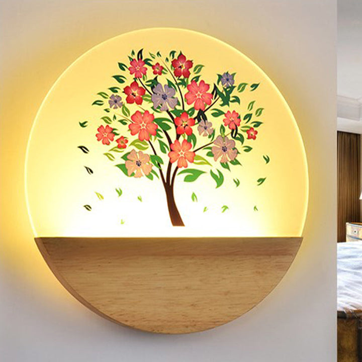 Lisslune | Nordic LED Wall Light Wood Tree and Animal/Blossoming Tree Print Wall Mosaic Light Fixture with Acrylic Shade
