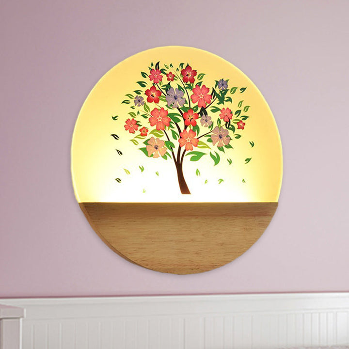 Lisslune | Nordic LED Wall Light Wood Tree and Animal/Blossoming Tree Print Wall Mosaic Light Fixture with Acrylic Shade