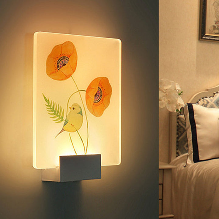 Lisslune | Corner LED Wall Lighting Modern White Wall-Mounted Lamp with Flower/Bird Patterned Acrylic Shade