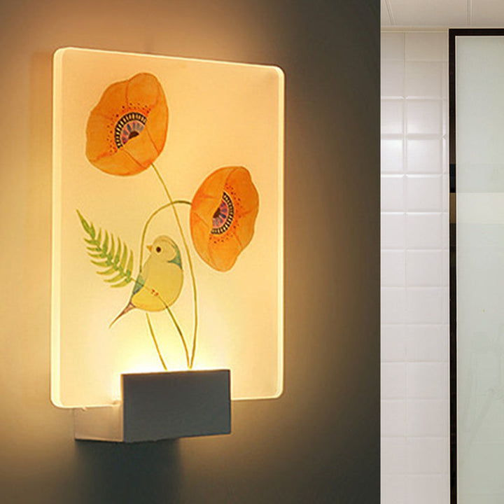 Lisslune | Corner LED Wall Lighting Modern White Wall-Mounted Lamp with Flower/Bird Patterned Acrylic Shade