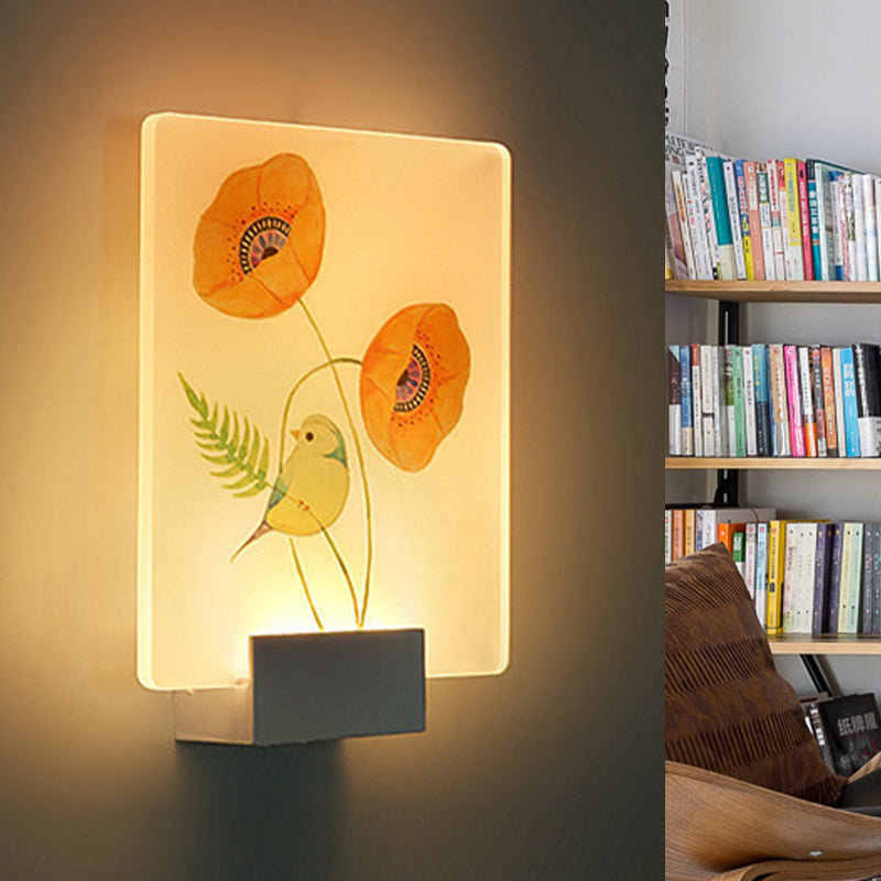 Lisslune | Corner LED Wall Lighting Modern White Wall-Mounted Lamp with Flower/Bird Patterned Acrylic Shade